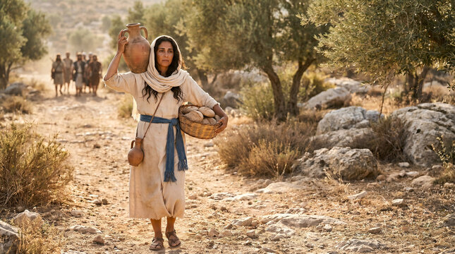 Abigail carrying food to David&rsquo;s men, Old Testament biblical scene.