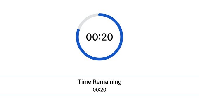 Minimalist digital circular countdown timer and modern blue progress bar UI element showing ten seconds time remaining on a solid white background