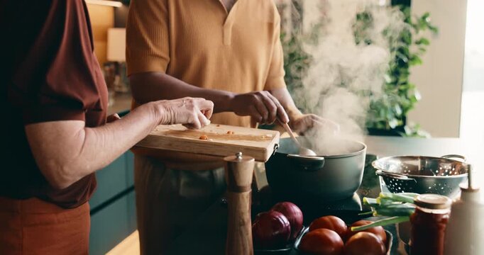 Pot, cooking and hands of couple in kitchen at house for meal, dinner or supper with healthy diet. Steam, stir and man with woman for preparing dish with wellness, nutrition or recipe in apartment.