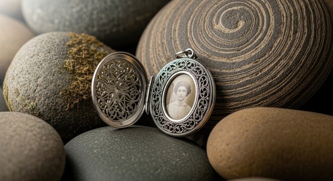 Elegant Silver Locket Displayed Open on a Bed of Smooth River Stones.