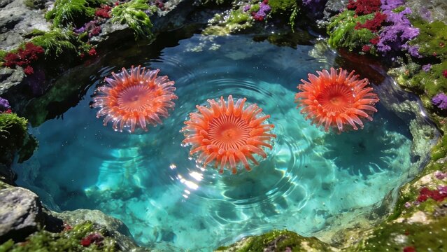 Natural Tidal Pool Overhead Close-Up With Orange Sea Anemones And Green Algae Clear Water
