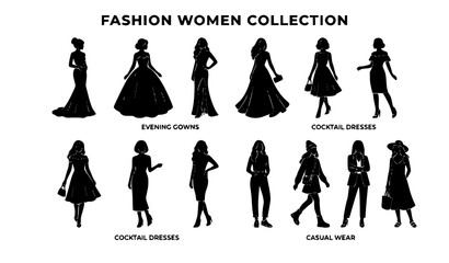 Fototapeta premium dress, silhouette, fashion, woman, female, icon, wedding, vintage, gown, clothing, apparel, boutique, shopping, elegant, formal, evening, cocktail, retro, outfit, garment, black, vector, illustration,