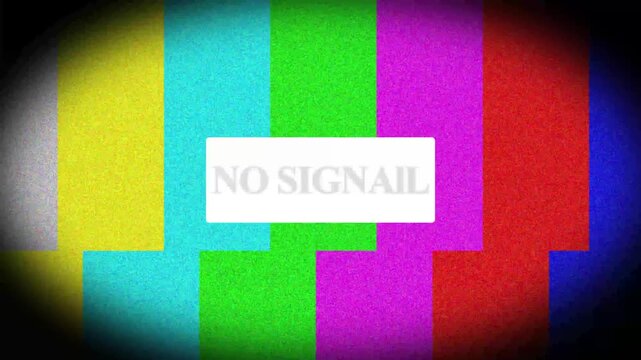 Vintage television no signal screen with static noise and colorful test pattern bars