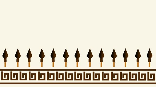 Many small pointed spears are arranged densely along a decorative border wall in a beige tribal game scene