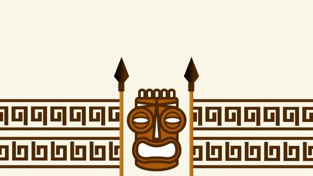 A tiki warrior idol stands centered between two sections of ornate patterned wall border in a tribal game