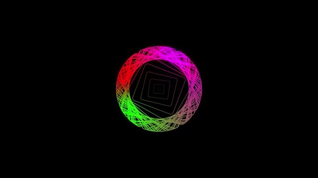 Abstract neon geometric circle animation with rotating square patterns on black background