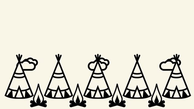 Six tribal teepee tents are lined up in a row on a plain beige background in a native style game scene