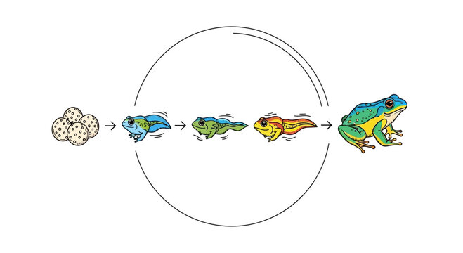 Frog Life Cycle Stages: Eggs, Tadpoles, to Adult Amphibian Illustration