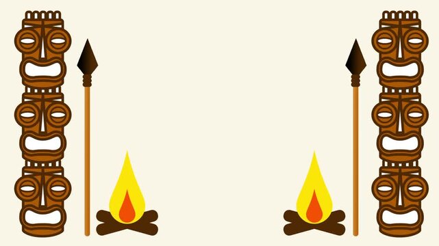 A single tiki statue stands between two campfires with a spear beside a patterned wall in a tribal game