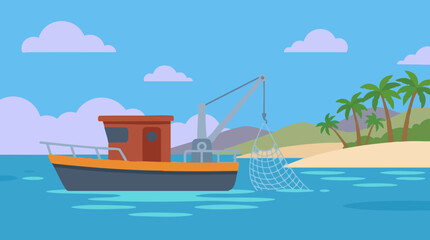 Fishing boat with net near tropical island, flat design illustration © Zigmate