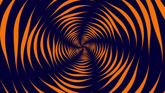 Hypnotic orange and navy blue spiral tunnel motion background, abstract vortex