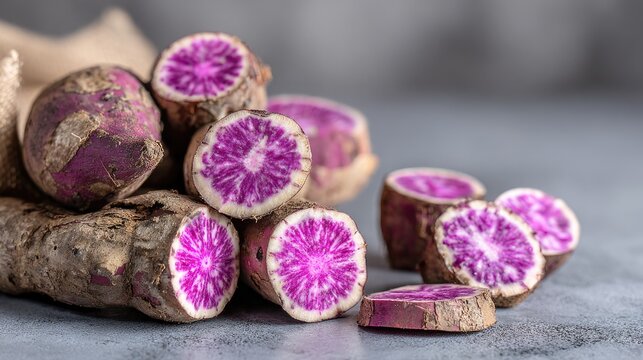 Purple sweet potatoes, sliced, on a textured surface