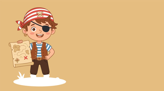 Cute little pirate boy with eye patch holding treasure map cartoon vector illustration on sandy beach with smiling child adventurer in striped bandana isolated on beige background.