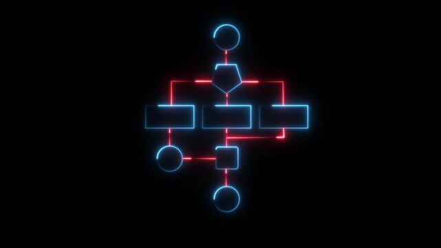 Neon flowchart diagram animation: business process and data workflow visualization