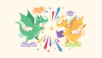 Fototapeta premium Colorful cartoon dragons enjoy reading books and holding a scroll in an educational fantasy illustration.