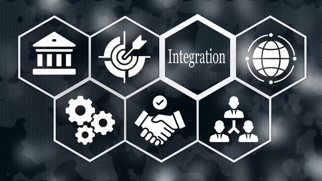 Business strategy flowchart with gears showing vision idea plan team up and integration