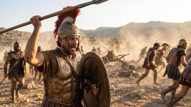 medium shot at eye level of Abishai, commander of David&rsquo;s army, leading the charge in the Valley of Salt, his spear raised high, the defeated Edomite army fleeing in the background, 