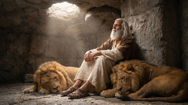 Prophet Daniel in the lion's den, contemplative mood, surrounded by lions, historic setting