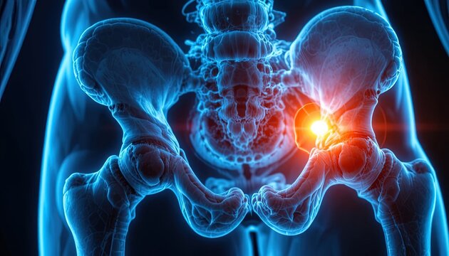 Medical X-ray of Human Pelvis with Highlighted Inflammation in Lower Back and Hip Area