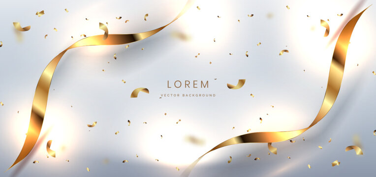 Abstract luxury white background with gold ribbon confetti effect and bokeh.