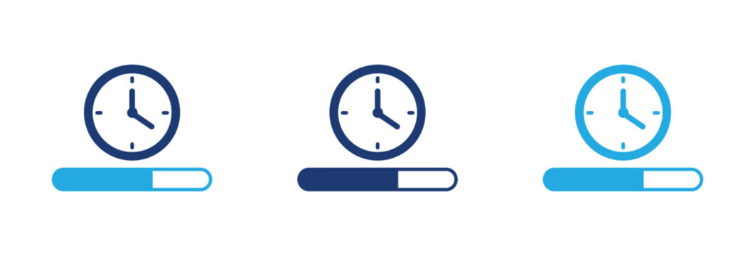 Set of three clock icons with loading progress bars in blue and navy colors.