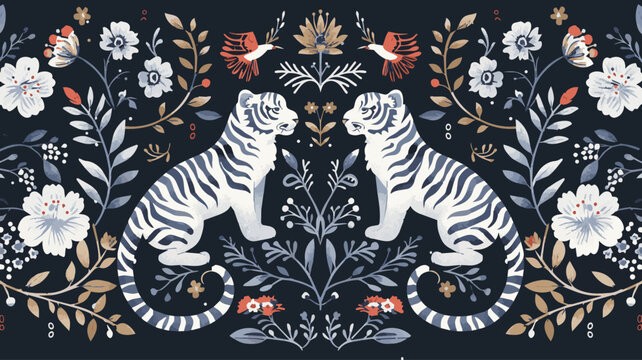 Elegant symmetrical vector pattern illustration of white tigers, birds, and floral elements in vintage oriental damask style