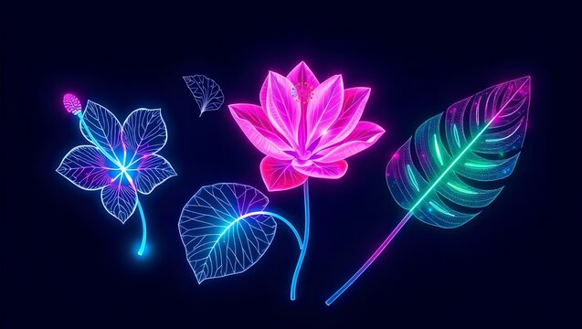 Futuristic Holographic Neon Flowers and Botanical Leaves, Abstract Tech Background