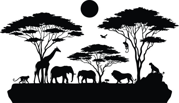 Silhouettes of giraffes and zebras under a full moon night sky