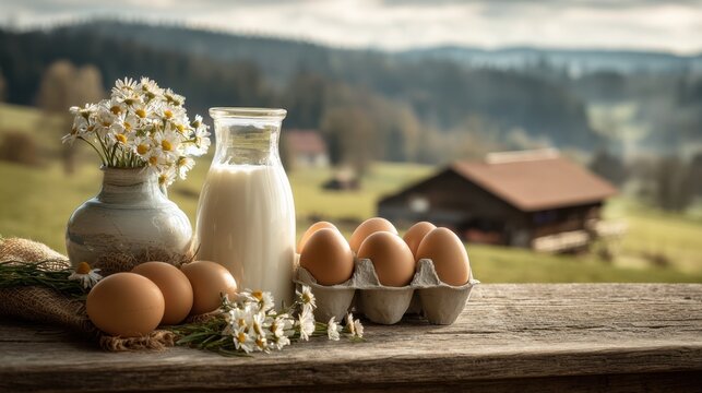 Fresh farm eggs and milk bottle with daisy flowers on rustic wooden table