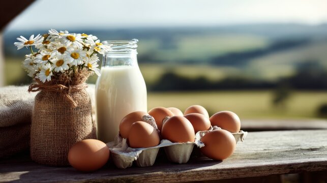 Fresh farm eggs and milk bottle with daisy flowers on rustic wooden table