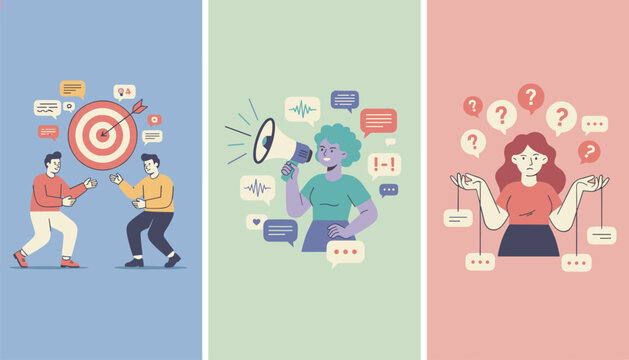 Infographic diagram demonstrating diverse communication issues such as disagreement, loud announcement, and confusion.