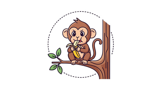 Cute cartoon monkey eating banana on tree branch, playful animal illustration
