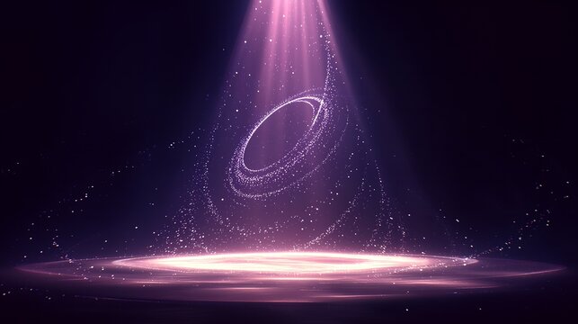 Magenta Kpop purple floating particle light beam wide stage backdrop, swirling stardust ring portal luminous halo, soft dust speck radiant glow, event presentation header