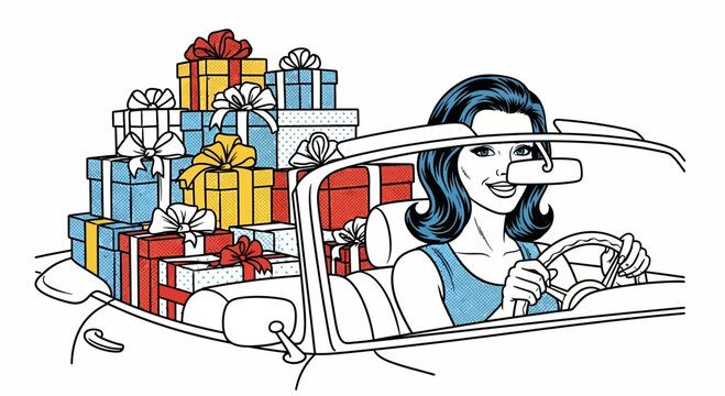 Woman Driving Car Laden with Gift Boxes - Pop Art Style