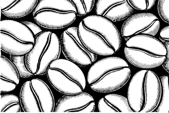 A detailed black and white line featuring a pattern of roasted coffee beans for backgrounds