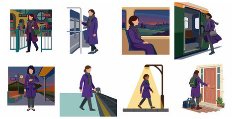 Fototapeta premium Vector illustrations of a woman's daily commute by train and her journey home at night