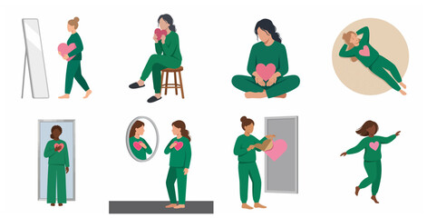 Fototapeta premium Set of illustrations of women practicing self-love and mental health care, holding hearts, looking in mirrors, and embracing self-acceptance in comfortable green loungewear.