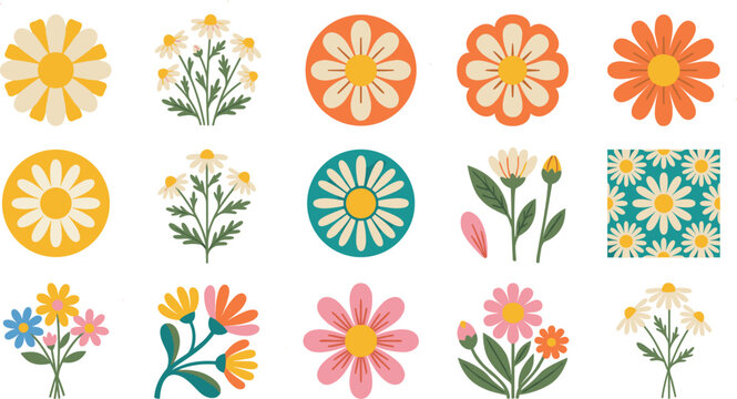 Retro daisy vector icon set featuring vintage flower emblems bouquets seamless pattern tile and 1970s groovy botanical elements isolated on white background.