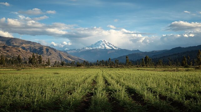 maca. A field of maca plants under a vast sky with the Andes mountains in the distance. travel magazines, destination branding, designed for travel destination branding, drives exploration.