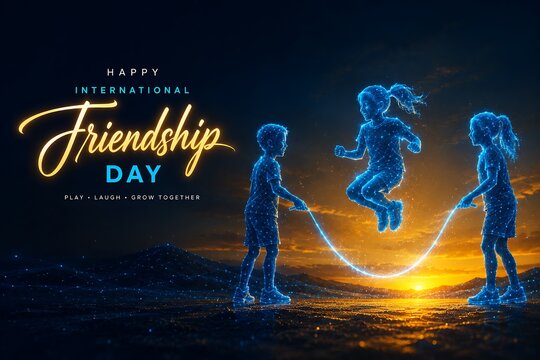 Friends jumping rope together on a beach at sunset. futuristic low poly international day of friendship with recreation, childhood, friendship. futuristic low poly international day of friendship