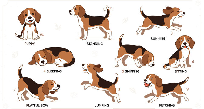Beagle dog character vector set featuring cute puppy in different poses including standing running sleeping sniffing sitting jumping fetching and playful bow.
