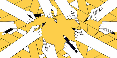 Intertwined Arms Holding Markers And Pens Vector Illustration © Babita