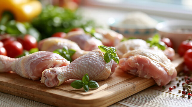 Raw Chicken Drumsticks on Wooden Cutting Board with Vegetables