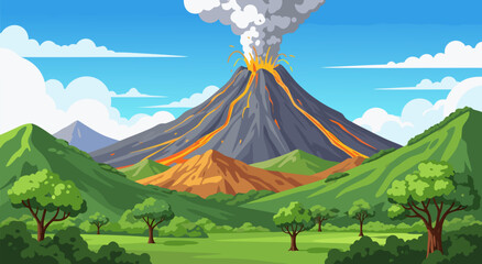 Scenic Erupting Volcano Landscape Vector Illustration Design for Nature Background Graphics featuring Majestic Mountains and Flowing Lava © Purnomo Semlirick