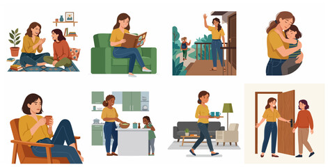 Fototapeta premium Set of Happy Mother and Daughter Daily Activities Illustrations, Domestic Life Scenes, Parenting Bonding, Home Routine and Relaxation Moments Vector