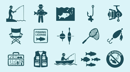 Fishing icon set with gear, anglers, and various fishing activities © Zigmate