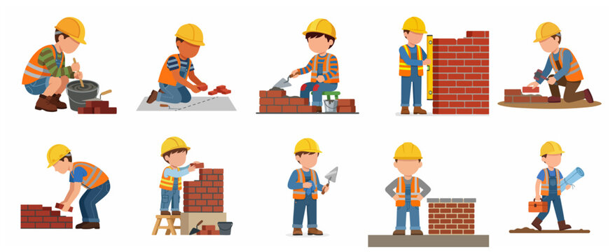 Set of construction worker illustrations, professional masons and bricklayers at work building brick walls, vector cartoon icons on white background.