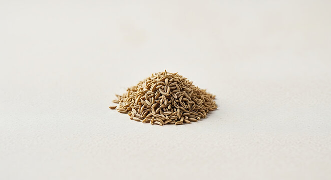 A small pile of dried carom seeds on a light gray background