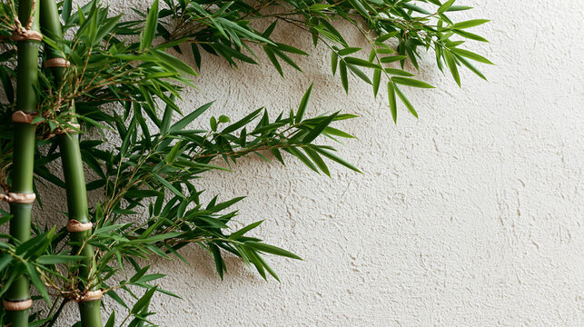 Natural Bamboo Leaves on Light Wall with Copy Space