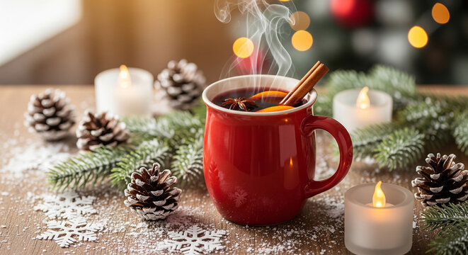 A mug of hot tea with a lemon slice and cinnamon stick on a wooden table with snow, a comforting drink for a cold winter day